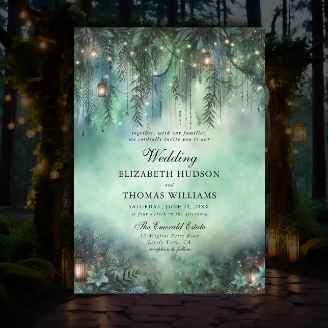 Mörkt Sagobryllup Förtrollad Skogstema Inbjudningar (dark fairytale wedding invitation enchanted forest theme emerald green magic fairy lights greenery)