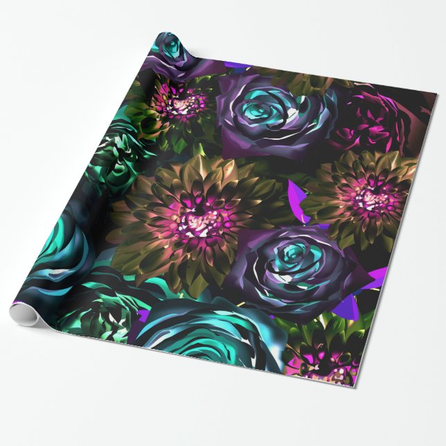 Mörkt Sagoland Djärgt Glamour Blommor Party Presentpapper (Utrullad)