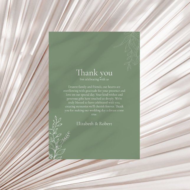 Mörkt Salviagrönt Botaniskt Tackkort Tack Kort (Dark Sage Green Botanical Thank You Card on a neutral dry palm leaf.)