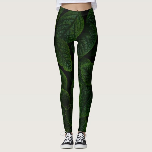 Mörkt smaragdgrönt texturerat bladsmönster leggings (Framsida)
