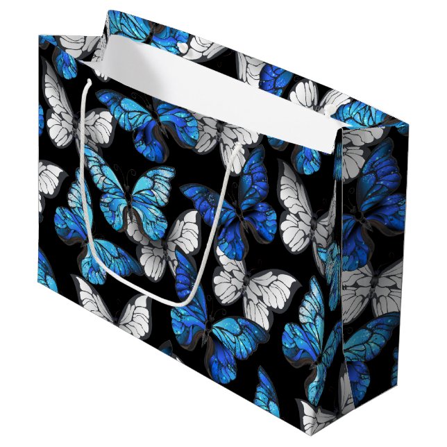 Mörkt Sömlöst Mönster med Blå Fjärilar Morpho (Framsidan Vinklad)
