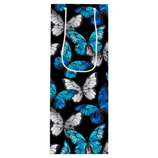 Mörkt sömlöst mönster med blå fjärilar Morpho (Framsidan)