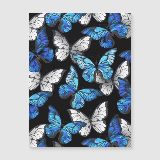 Mörkt sömlöst mönster med blå fjärilar Morpho (Framsida)