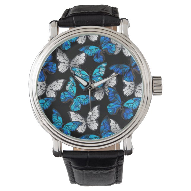 Mörkt Sömlöst Mönster med Blå Fjärilar Morpho Armbandsur (Framsida)
