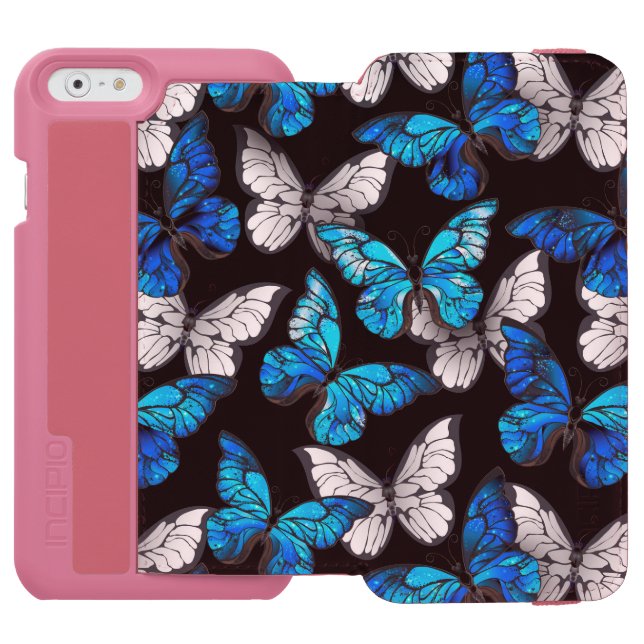 Mörkt sömlöst mönster med blå fjärilar Morpho Incipio iPhone Wallet Skal (Folio Öppen)