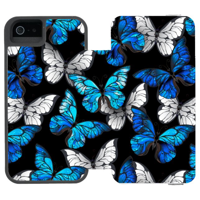 Mörkt sömlöst mönster med blå fjärilar Morpho Incipio iPhone Wallet Skal (Folio Öppen)
