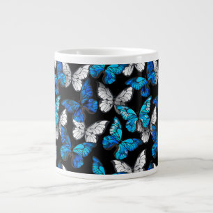 Mörkt Sömlöst Mönster med Blå Fjärilar Morpho Jumbo Mugg