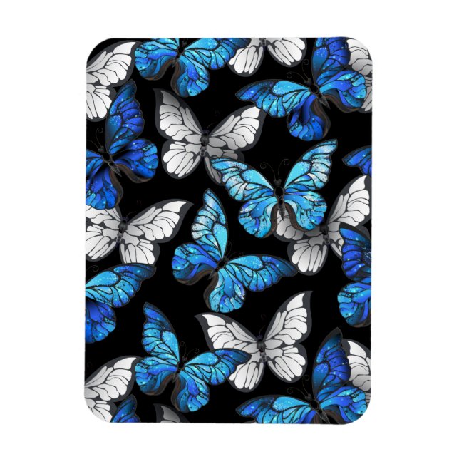 Mörkt sömlöst mönster med blå fjärilar Morpho Magnet (Vertikal)
