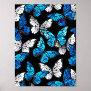 Mörkt sömlöst mönster med blå fjärilar Morpho Poster