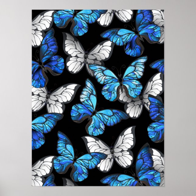 Mörkt sömlöst mönster med blå fjärilar Morpho Poster (Framsidan)