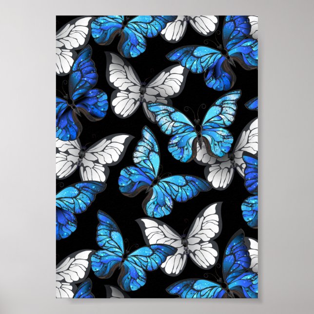Mörkt sömlöst mönster med blå fjärilar Morpho Poster (Framsidan)