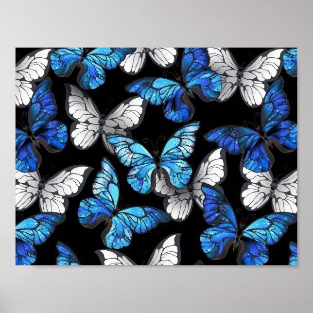 Mörkt sömlöst mönster med blå fjärilar Morpho Poster (Framsidan)