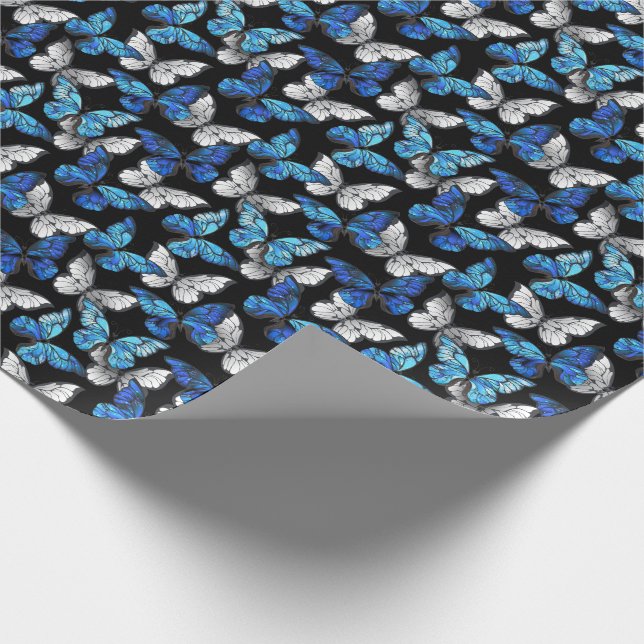 Mörkt sömlöst mönster med blå fjärilar Morpho Presentpapper (Hörn)