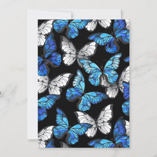 Mörkt sömlöst mönster med blå fjärilar Morpho Spara Datumet (Framsida)