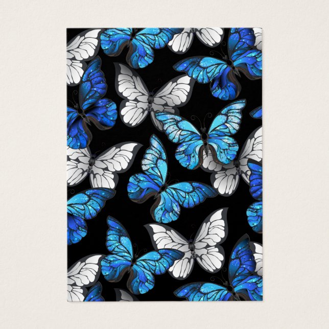 Mörkt sömlöst mönster med blå fjärilar Morpho Visitkort (Framsidan)