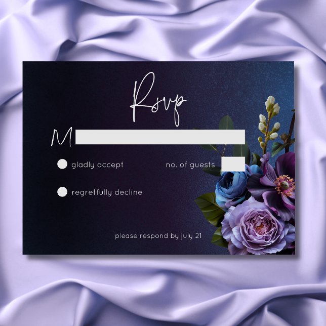 Mörkt stämningsfull blå lavendelblommig modern brö OSA kort (Dark Moody Blue Lavender Floral Modern Wedding RSVP Card)