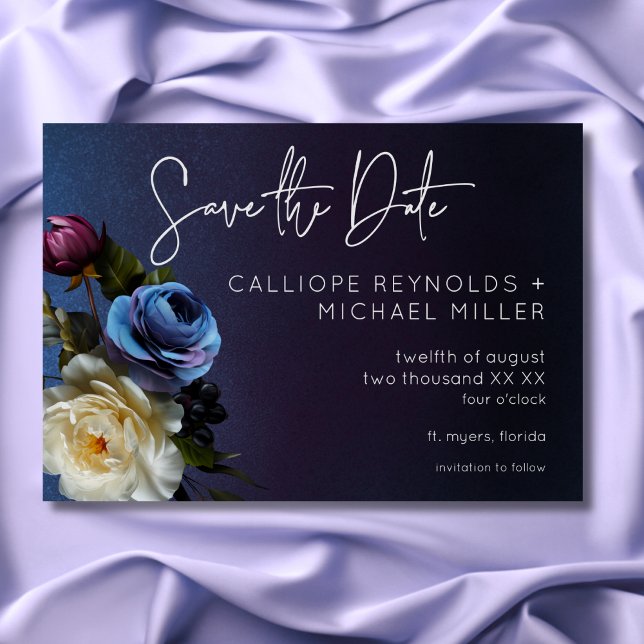 Mörkt stämningsfull blå lavendelblommig modern brö spara datumet (Dark Moody Blue Lavender Floral Modern Wedding Save The Date)