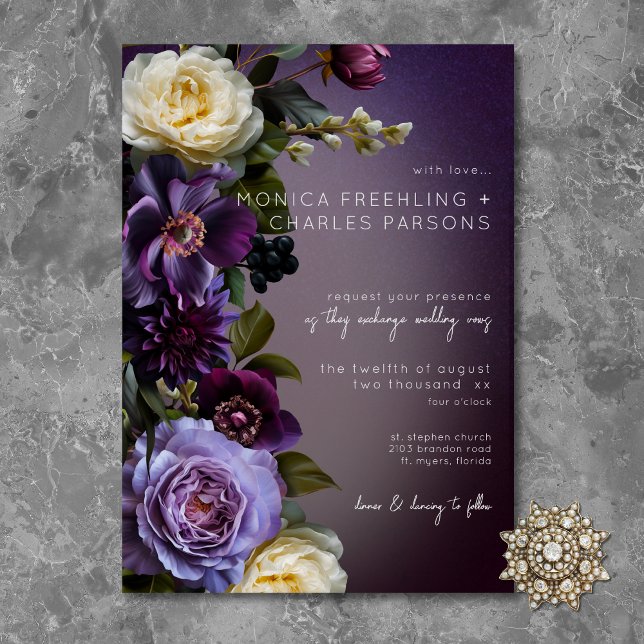 Mörkt stämningsfull lila lavendelblommig modern br inbjudningar (Dark Moody Purple & Lavender Floral Modern Wedding Invitation)