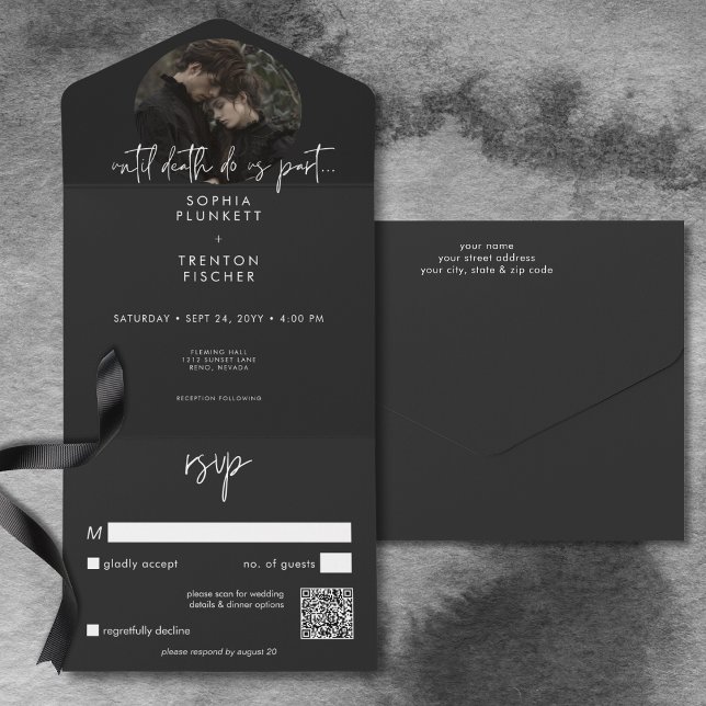 Mörkt stämningsfull minimal foton QR-kod bröllop (Dark Moody Minimal Photo QR Code Wedding All In One Invitation)