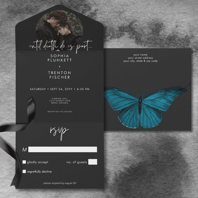 Mörkt stämningsfull minimal nattfjäril Foto Ingen  (Dark Moody Minimal Moth Photo No Dinner Wedding All In One Invitation)