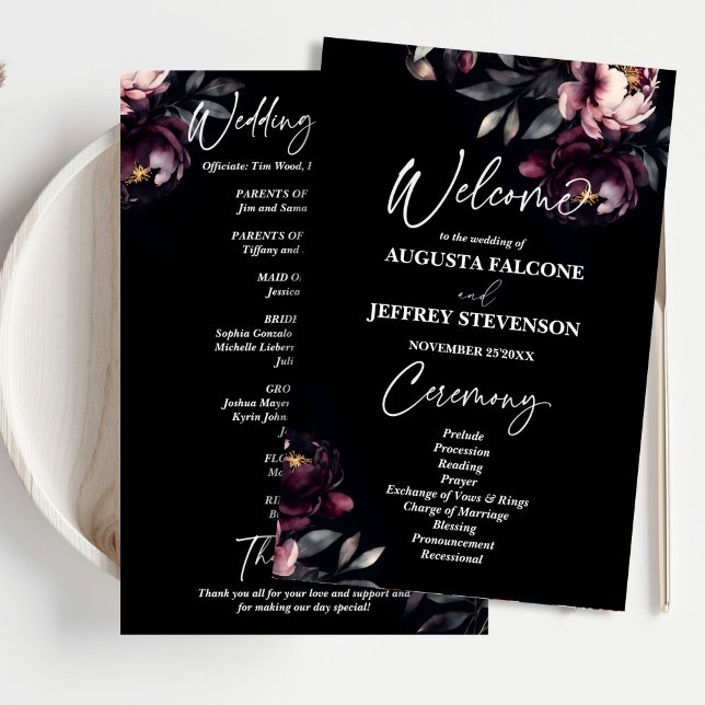 Mörkt stämningsfull noir elegant bröllopsprogram (Dark moody noir elegant wedding program)