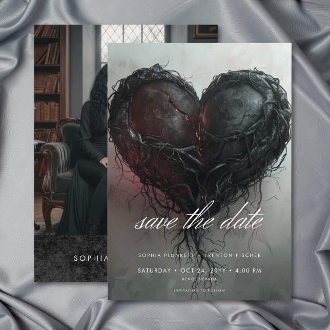 Mörkt stämningsfull svart vriden hjärta bröllopsfo spara datumet (Dark Moody Black Twisted Heart Wedding Photo Save The Date)