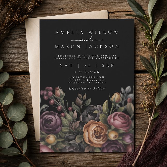Mörkt stämningsfullt blommigt svart bröllop inbjudningar (Dark Moody Floral Black Wedding Invitation)