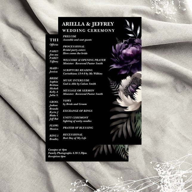 Mörkt stämningsfullt elegant bröllopsprogram (Dark moody boho elegant wedding program purple peonies black background order of evens program)
