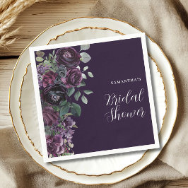 Mörkt stämningsfullt lila blomstermotiv bröllopsfe pappersservett