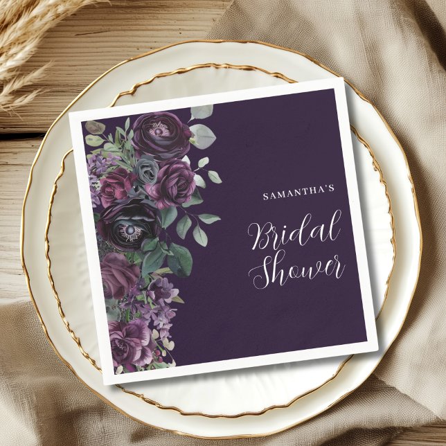 Mörkt stämningsfullt lila blomstermotiv bröllopsfe pappersservett (Skapare uppladdad)