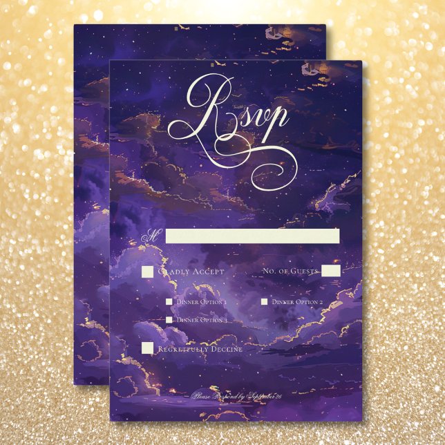 Mörkt stämningsfullt lila & guld Månljusa moln Mid OSA Kort (Dark Moody Purple & Gold Moonlit Clouds Dinner RSVP Card)