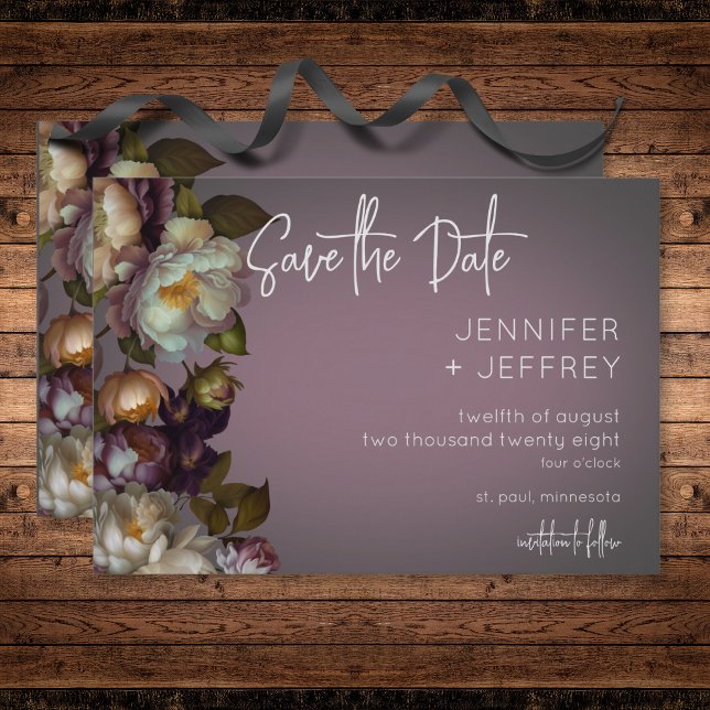 Mörkt stämningsfullt mauvefärgat blomstermodernt b spara datumet (Dark Moody Mauve Floral Modern Wedding Save The Date)