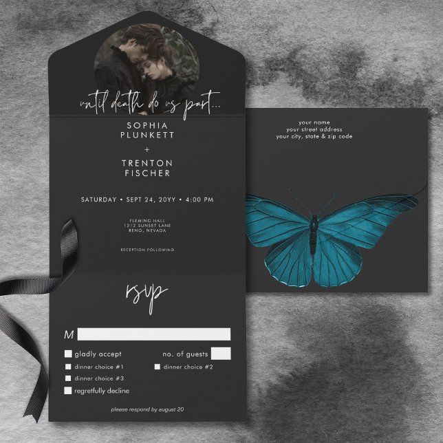 Mörkt stämningsfullt minimalistiskt fjärilsfoto mi (Dark Moody Minimal Moth Photo Dinner Wedding All In One Invitation)