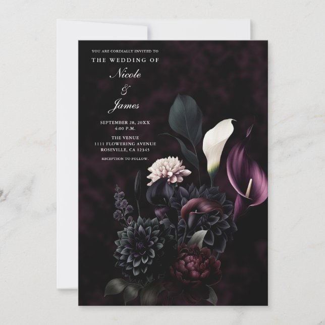 Mörkt stämningsfullt romantiskt blombröllop inbjudningar (Framsida)