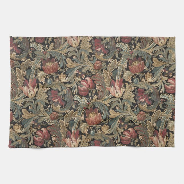Mörkt stämningsfullt vintage blomster botaniskt mö kökshandduk (Horisontell)