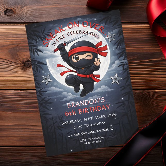 Mörkt svart och rött mån ninja barnkalas inbjudningar (Skapare uppladdad)