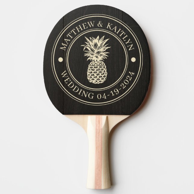 Mörkt Svart Trä Ananas Bröllops Namn Pingisracket (Baksidan)