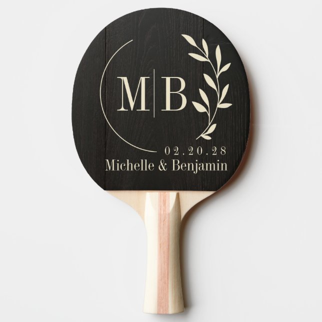 Mörkt Svart Trä  Blad Vigsel Monogram Pingisracket (Baksidan)