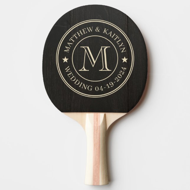 Mörkt Svart Trä Bröllopsmonogram Stjärna Pingisracket (Framsidan)
