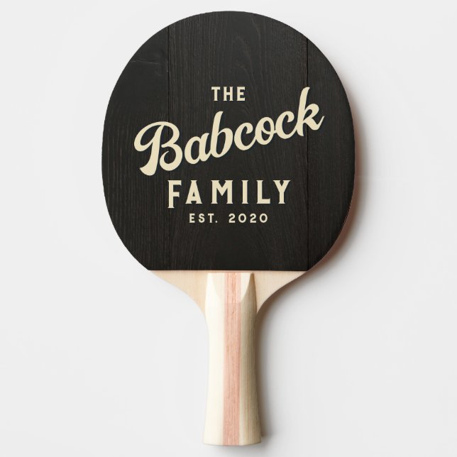 Mörkt Svart Trä Retro Familjenamn & År Pingisracket (Framsidan)