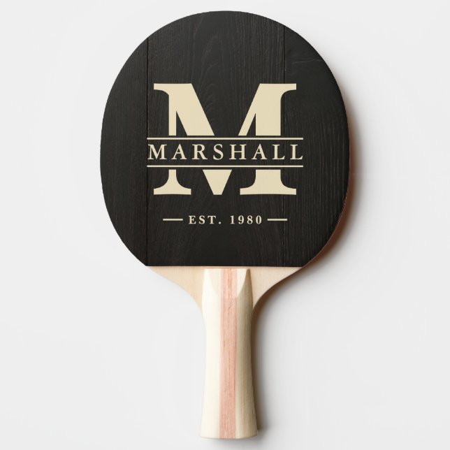 Mörkt svart trämonogram och namntillval pingisracket (Baksidan)
