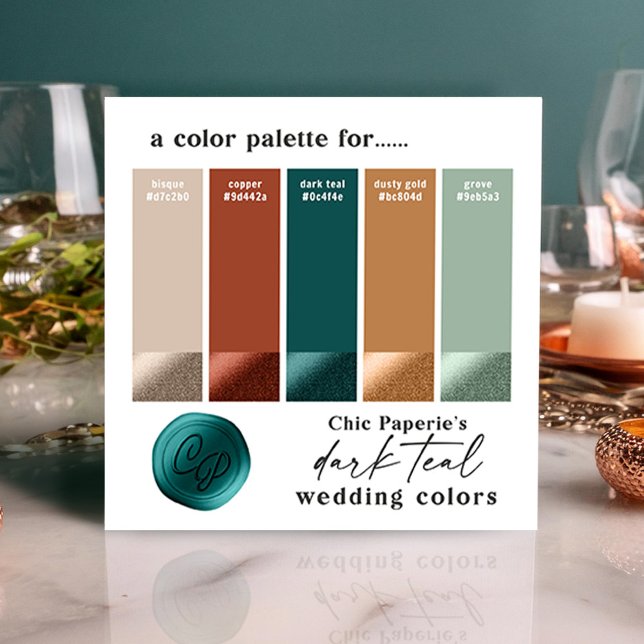 Mörkt Teal & Koppar Djärv Bröllopsfärgspalettkort Inbjudningar (Teal and Copper Wedding Color Palette Swatch Card)