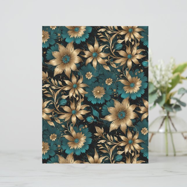 Mörkt teal och guld metallisk effekt Blommig pappe (Stående Fram)