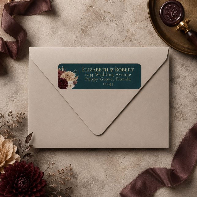 Mörkt tealblommig gotisk bröllopsadressetikett returadress etikett (Dark Teal Floral Gothic Wedding Address Label)