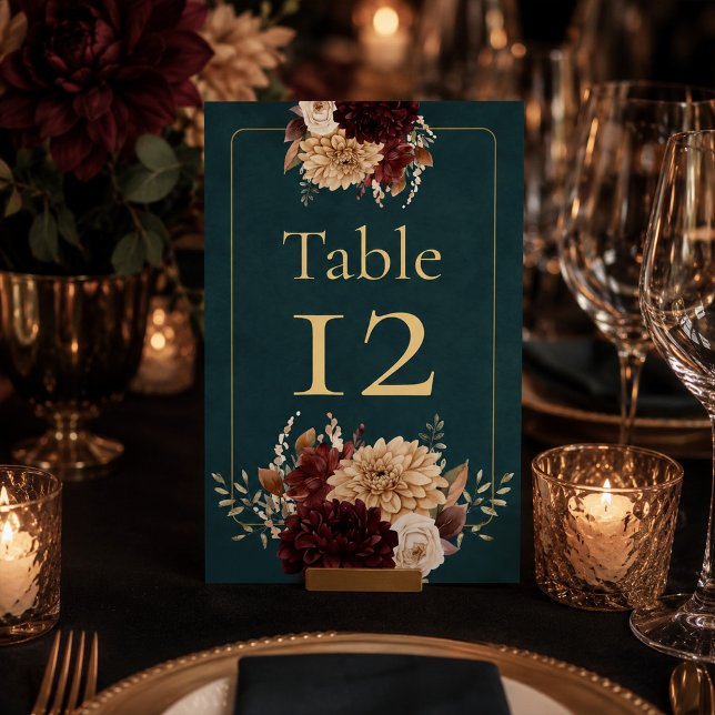Mörkt tealblommig gotisk bröllopsbordnummer bordsnummer (Dark Teal Floral Gothic Wedding Table Number)