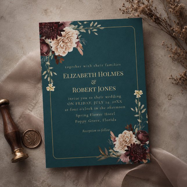 Mörkt tealblommig gotisk bröllopsinbjudan inbjudningar (Dark Teal Floral Gothic Wedding Invitation)