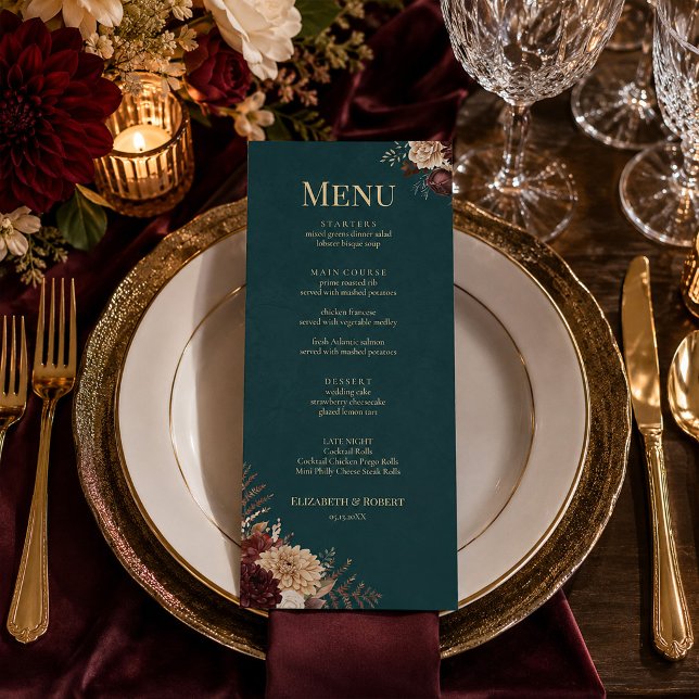 Mörkt Tealblommig Gotisk Bröllopsmeny Meny (Dark Teal Floral Gothic Wedding Menu)