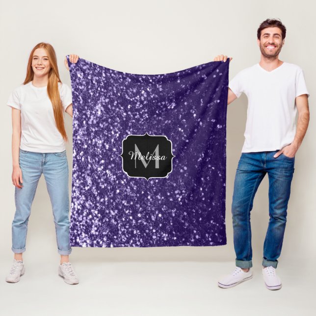 Mörkt ultralila glitter glitterstjärnor Monogram Fleecefilt (På plats)