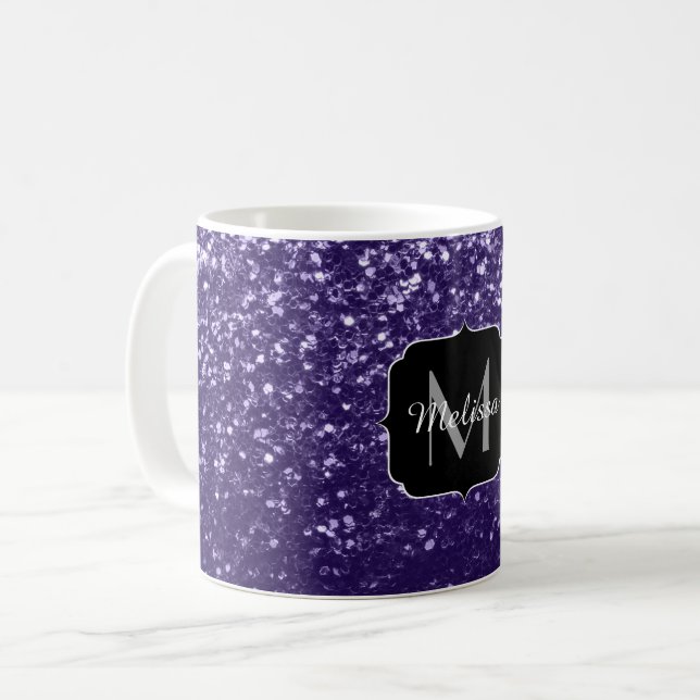 Mörkt ultralila glitter glitterstjärnor Monogram Kaffemugg (Framsida vänster)