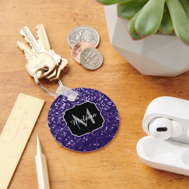Mörkt ultralila glitter glitterstjärnor Monogram Nyckelring (Skrivbord)